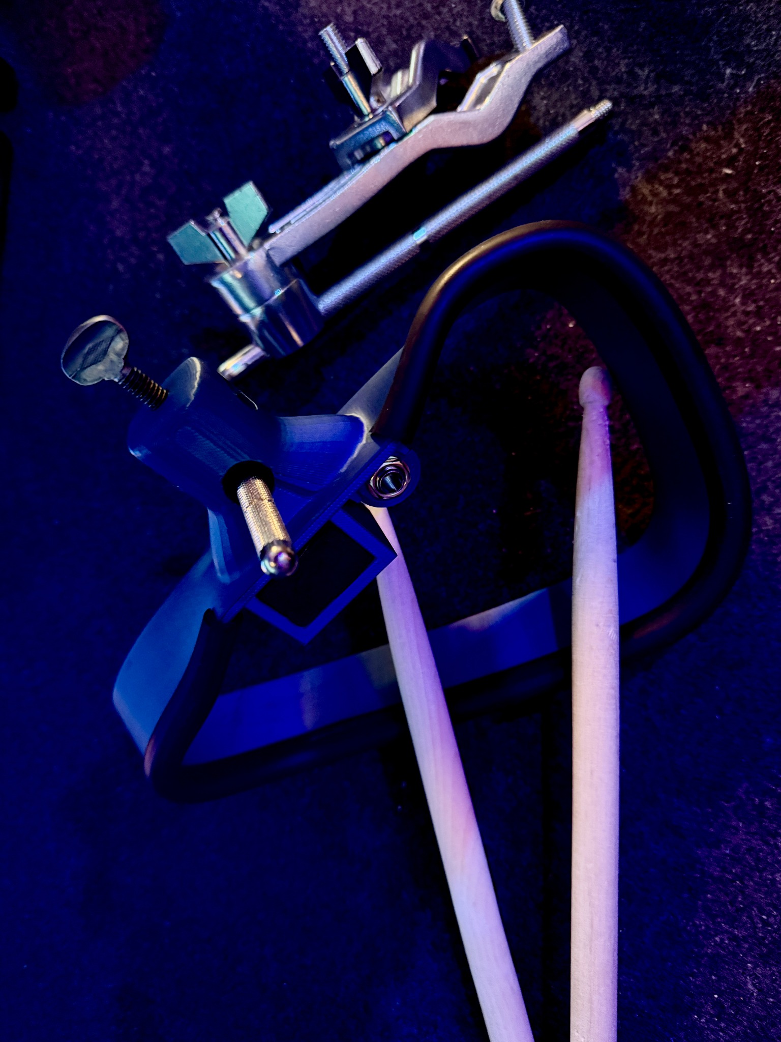 Modern tambourine trigger mounted with clamp and sticks